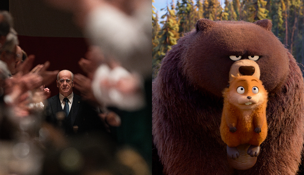 Split image showing a suited person surrounded by applauding crowd on the left, and an animated bear holding a small worried-looking creature in a forest on the right.